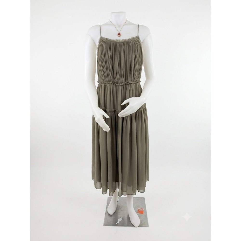 Banana Republic Pleated Open Back Tiered Midi Dress Olive Green Size 20